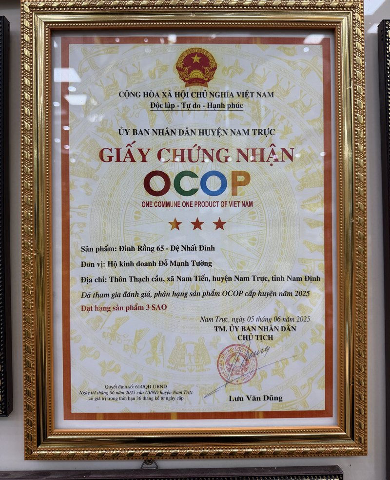 Giấy chứng nhận OCOP 3 sao của Đệ Nhất Đỉnh