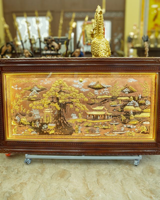 Tranh đồng đỏ Cội Nguồn Quê Hương khung gỗ lim