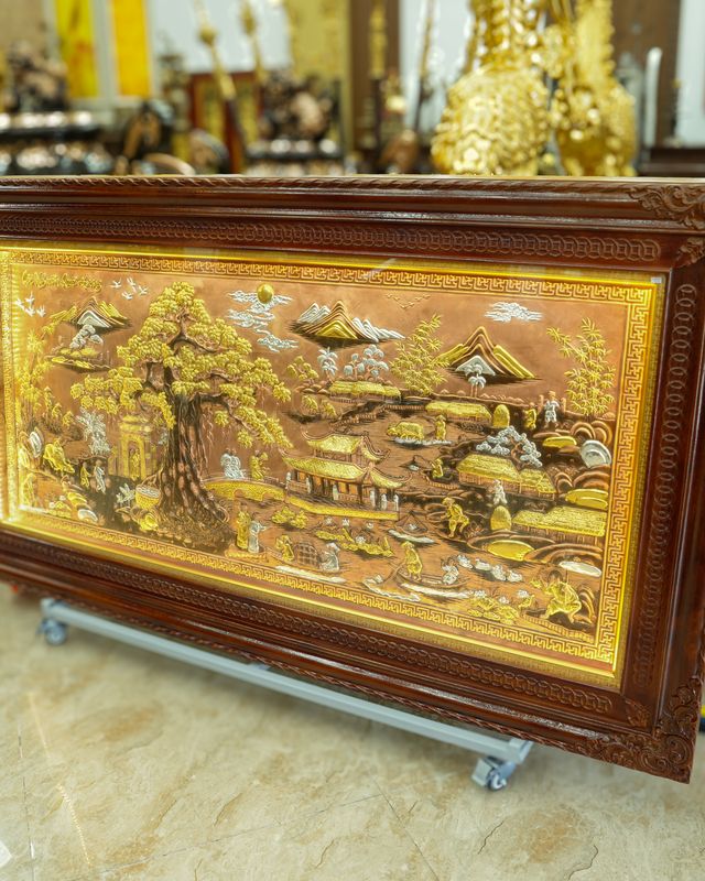 Tranh đồng đỏ Cội Nguồn Quê Hương khung gỗ lim