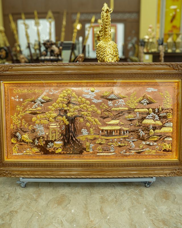 Tranh đồng đỏ Cội Nguồn Quê Hương khung gỗ lim