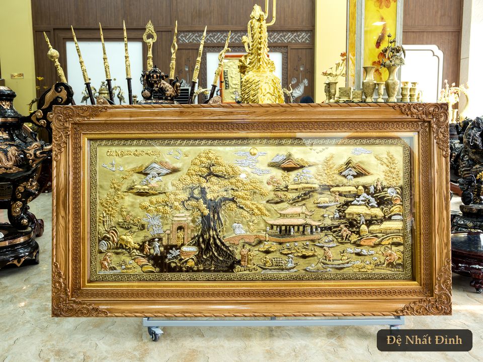 Tranh đồng Cội Nguồn Quê Hương khung gỗ lim