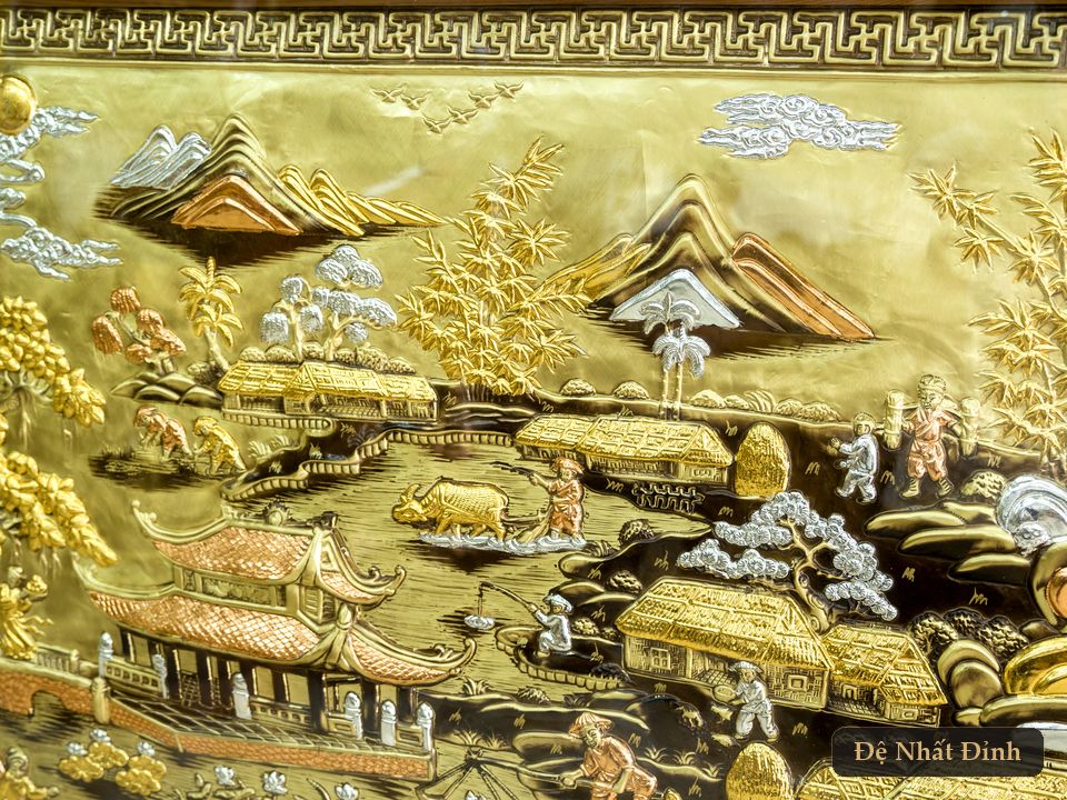 Tranh đồng Cội Nguồn Quê Hương khung gỗ lim