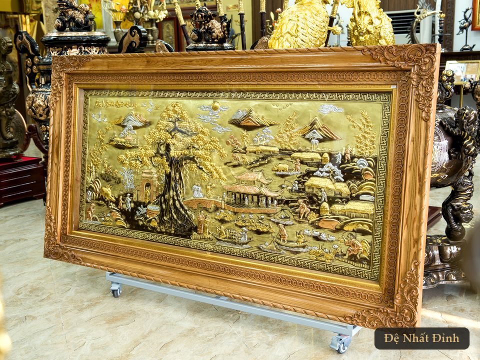 Tranh đồng Cội Nguồn Quê Hương khung gỗ lim