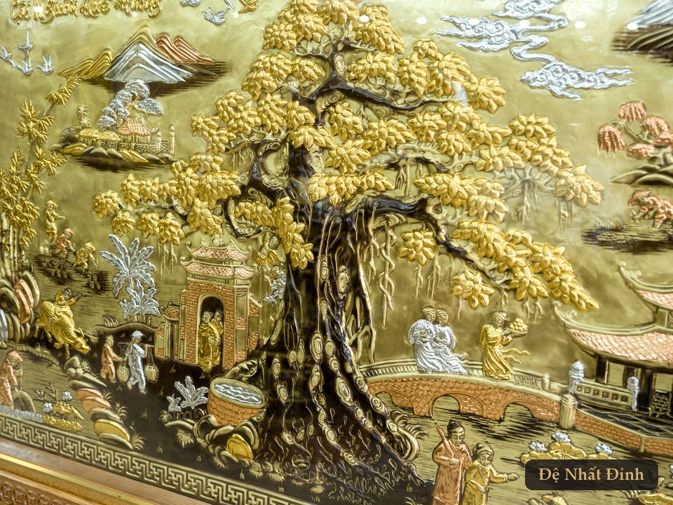 Tranh đồng Cội Nguồn Quê Hương khung gỗ lim